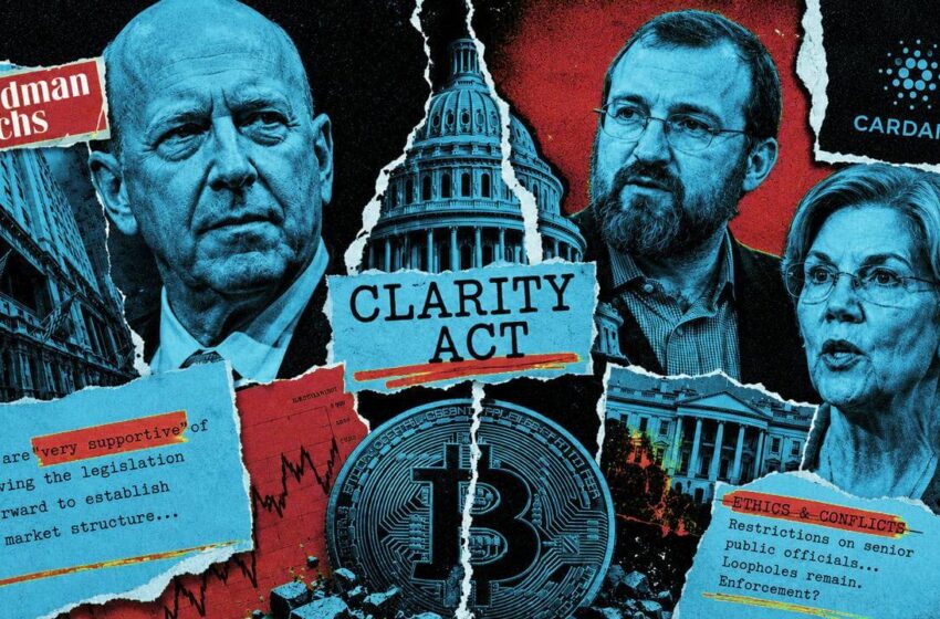 CLARITY Act splits Wall Street and crypto as Goldman Sachs breaks with banks and Charles Hoskinson backs Warren