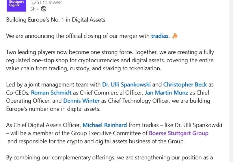 Crypto Arm of Europe's Sixth-Largest Stock Exchange Completes Tradias Merger