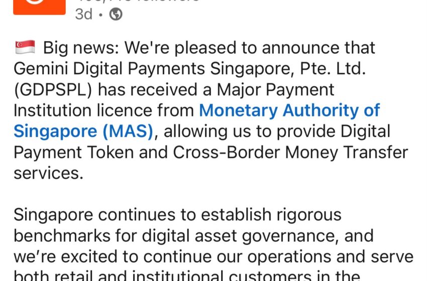 Gemini Expands in APAC, Secures Full Singapore MPI License From MAS