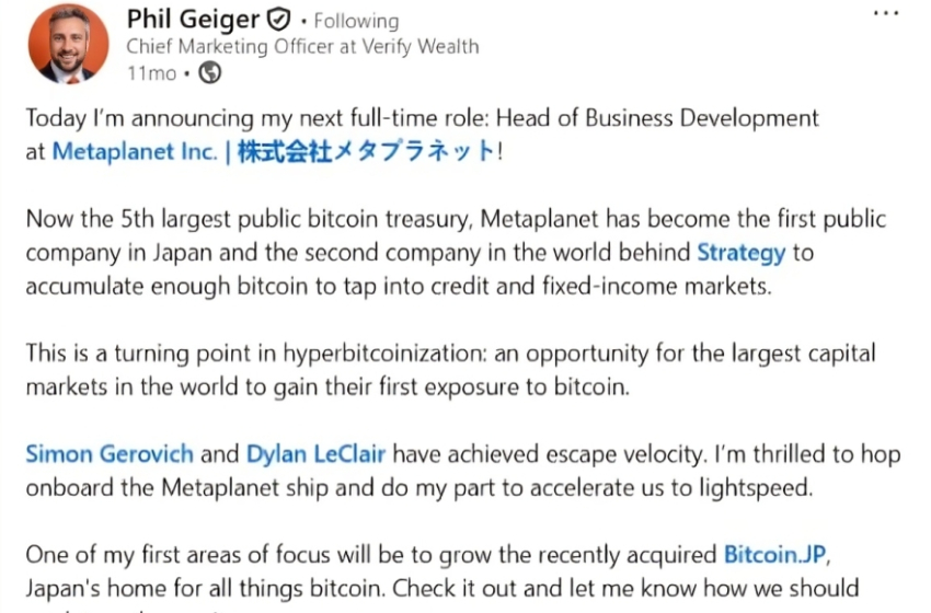 Metaplanet’s Business Head Phil Geiger Departs to Pursue New Bitcoin Ventures